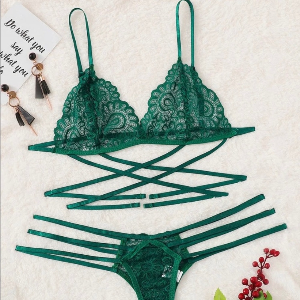 Green lace strappy lingerie set